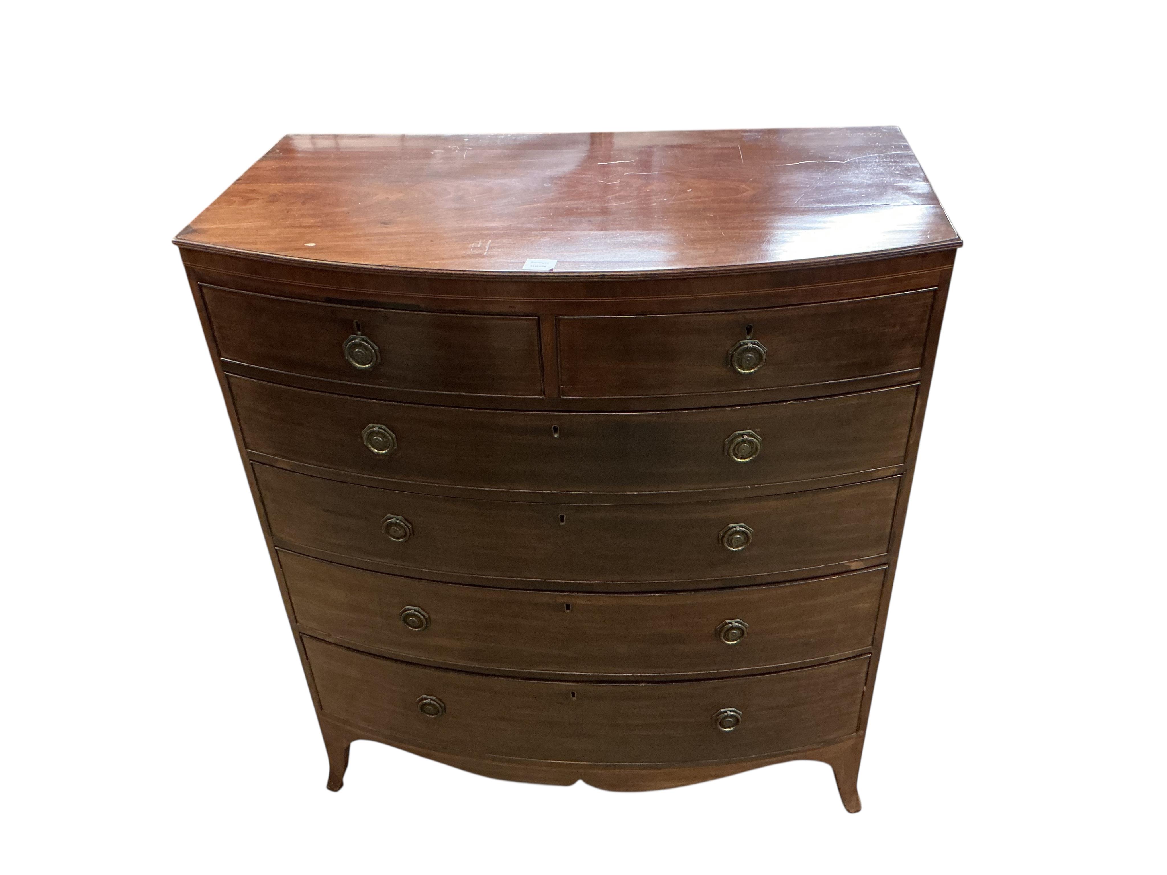 A Regency mahogany bow fronted chest, fitted two short and four long graduated drawers, width 106cm, depth 56cm, height 122cm